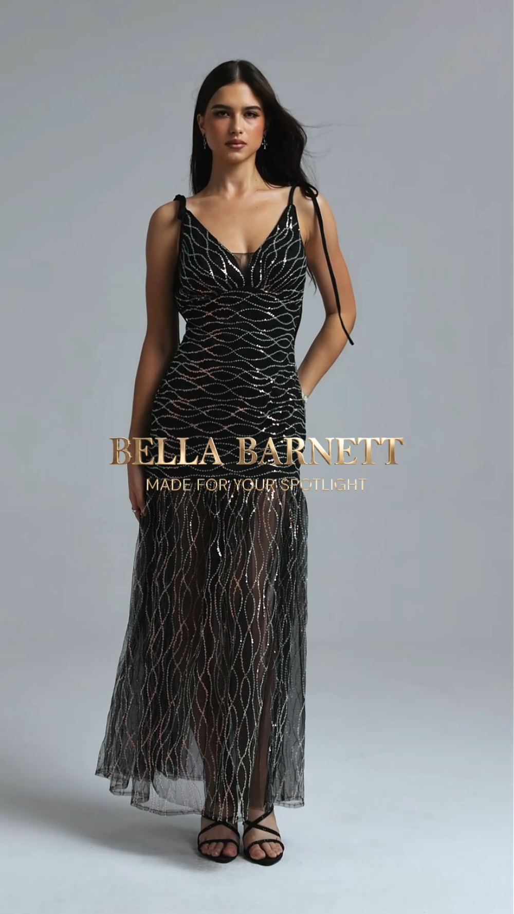 Nikuna Chic Contour V Neck Tie Strap Rhinestone Slit Tulle Maxi Dress image 8