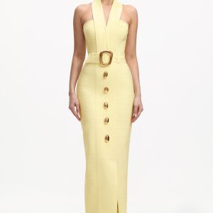 Lanla Chic Contour Halter Metal Buckle Bandage Maxi Dress