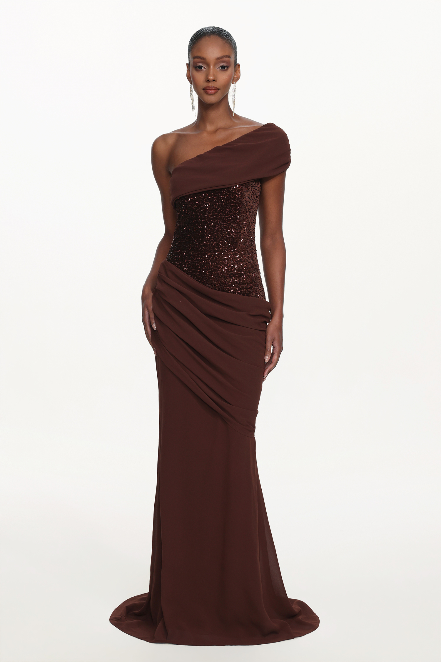 Naleza Chic Contour Off Shoulder Asymmetric Ruched Sequin Maxi Dress image 1