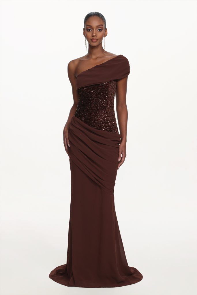 Naleza Chic Contour Off Shoulder Asymmetric Ruched Sequin Maxi Dress
