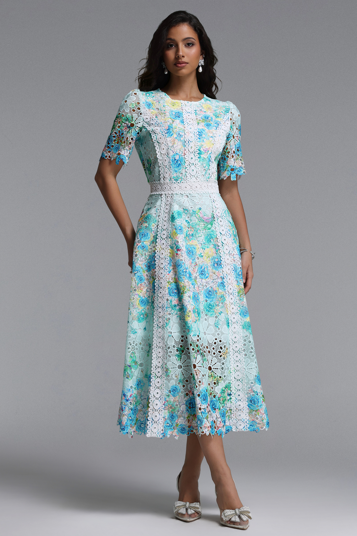 Pillose Resort Cinched Round Neck Short Sleeve Floral Print Lace Green Maxi Dress image 1