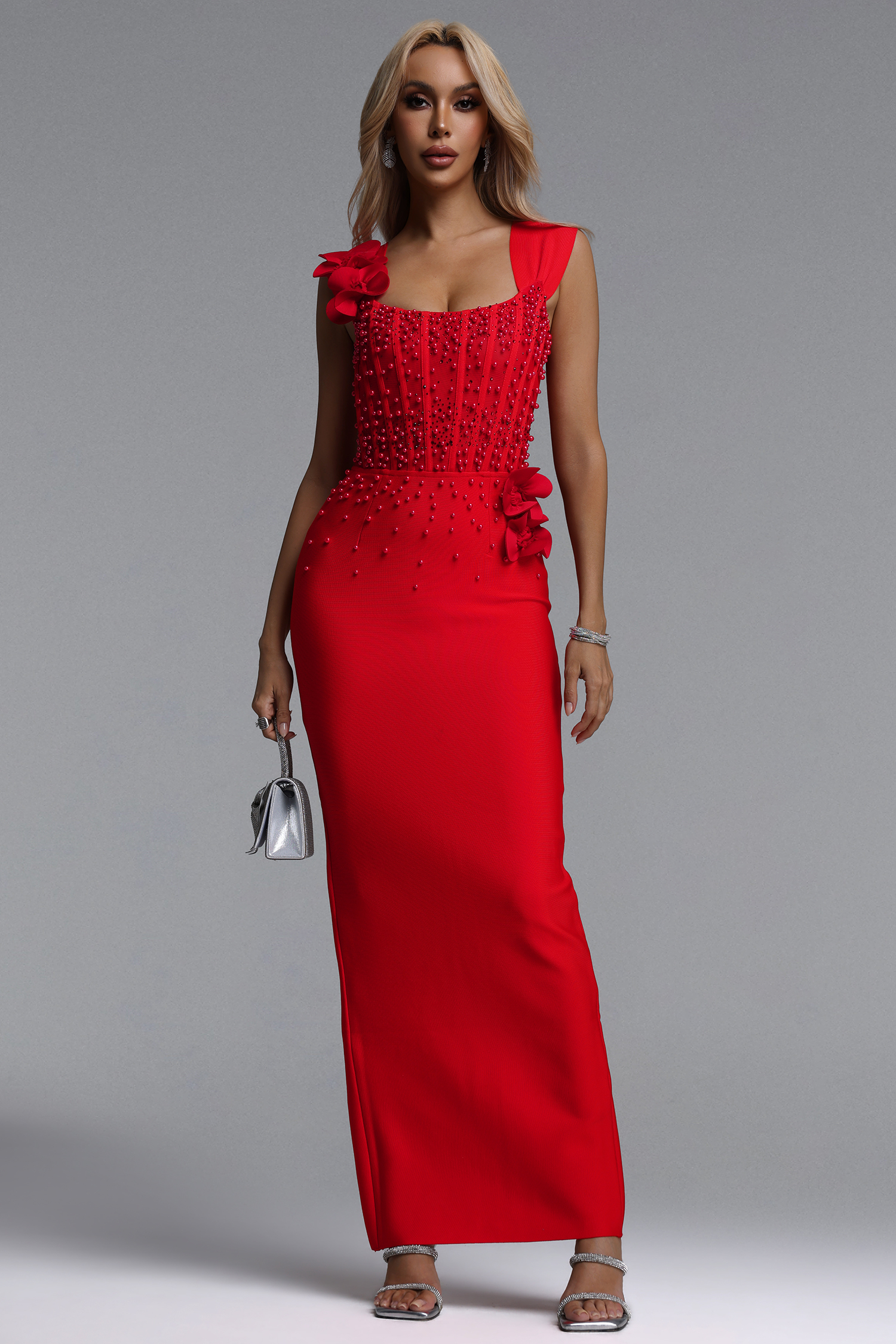 Oria Glamorous Contour Square Neck Pearl Floral Bandage Maxi Dres image 1