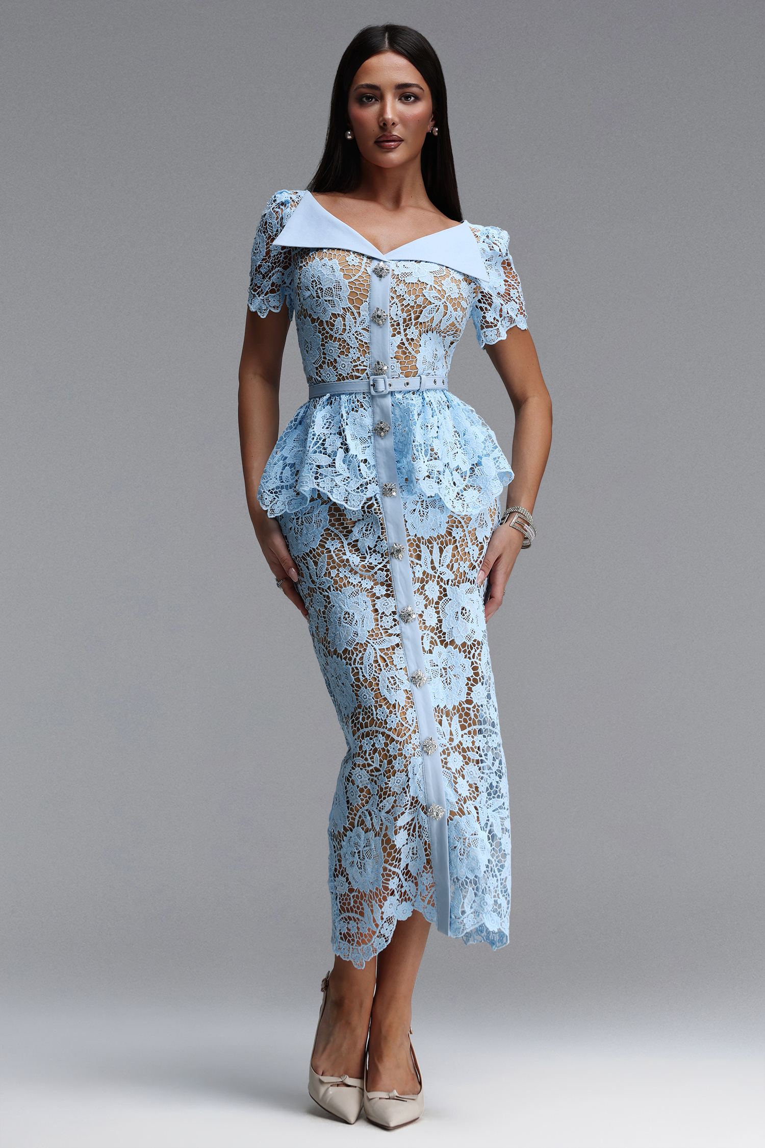 Quinn Elegant Cinched Short Sleeve Floral Lace Blue Maxi Dress image 1