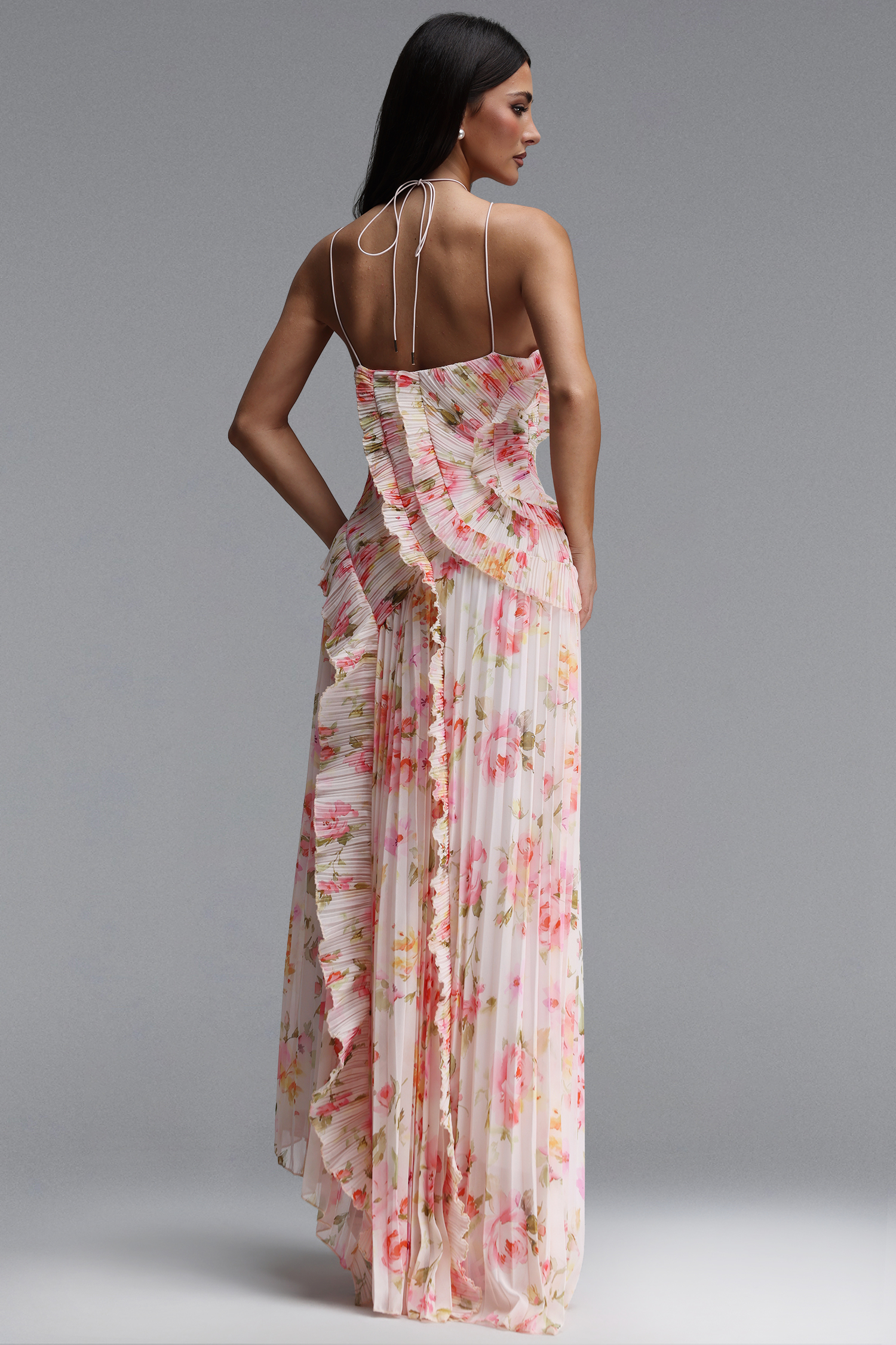 Elleri Resort Flowy Sleeveless Pleated Ruffle Floral Print Woven Maxi Dress image 7