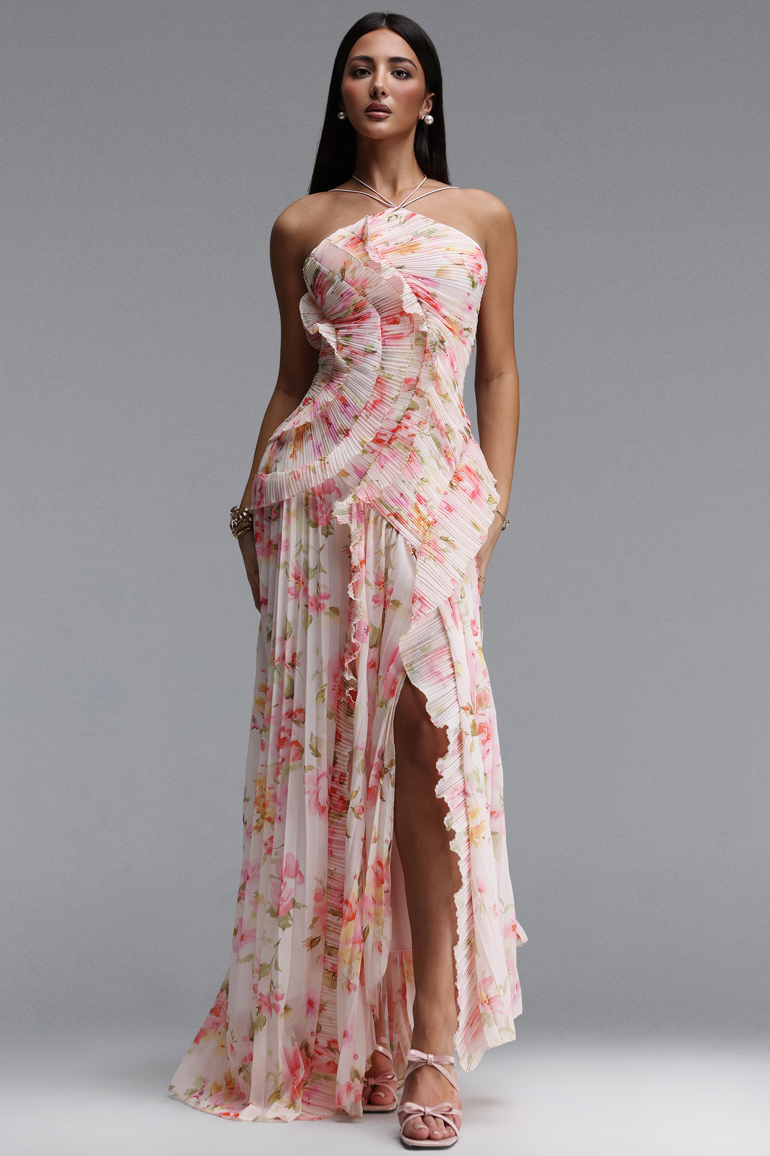 Elleri Resort Flowy Sleeveless Pleated Ruffle Floral Print Woven Maxi Dress image 1