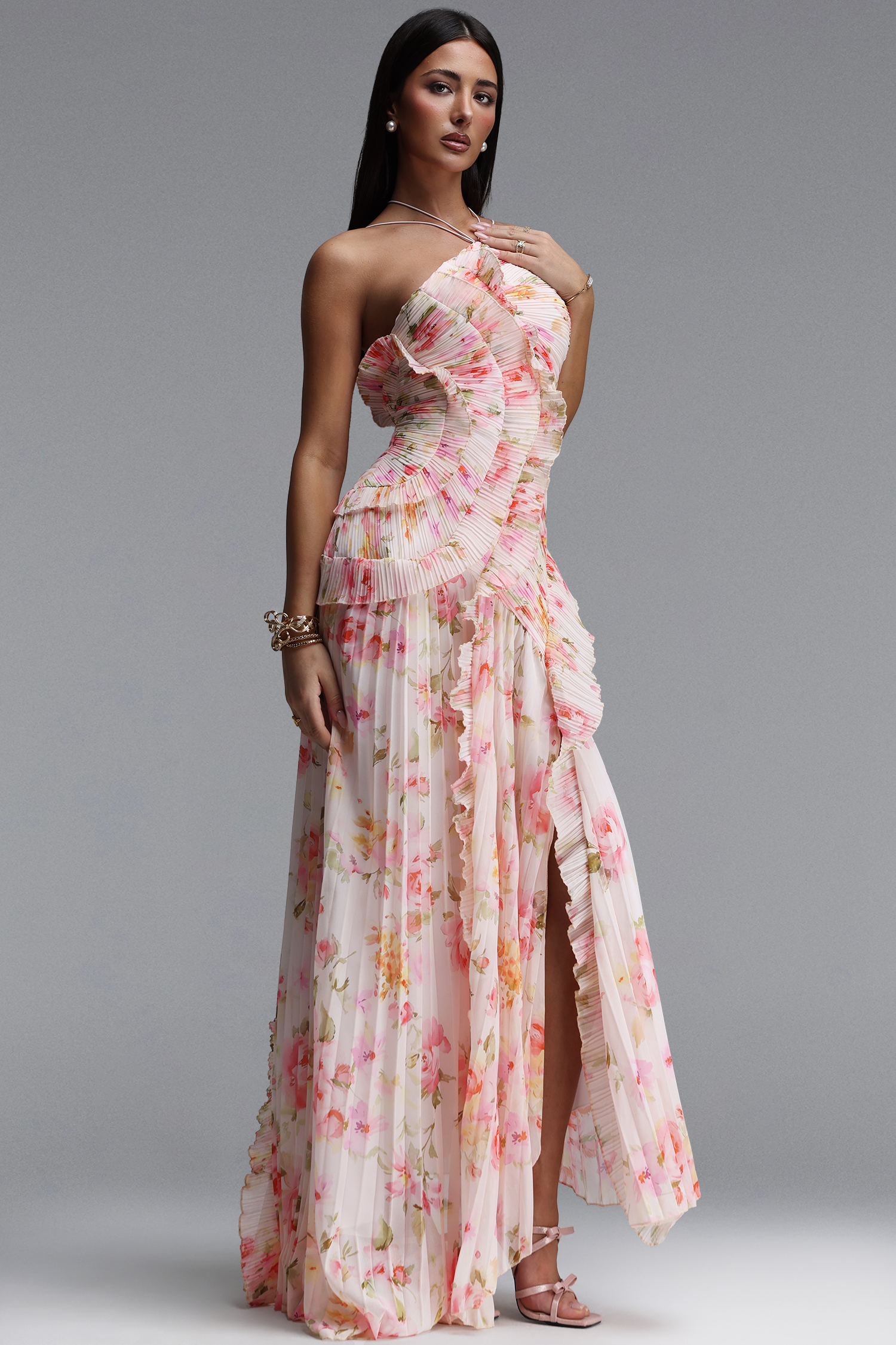 Elleri Resort Flowy Sleeveless Pleated Ruffle Floral Print Woven Maxi Dress image 5