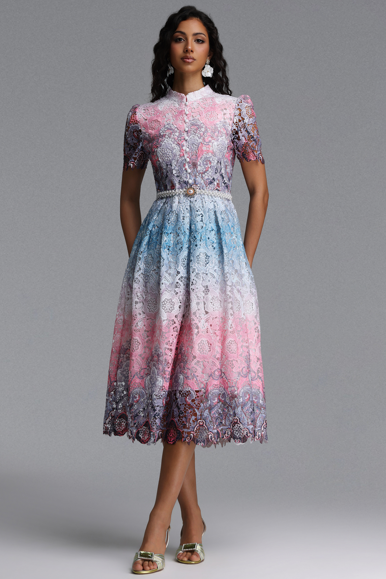 Weiss Resort Cinched Short Sleeve Floral Print Lace Midi Dress image 1