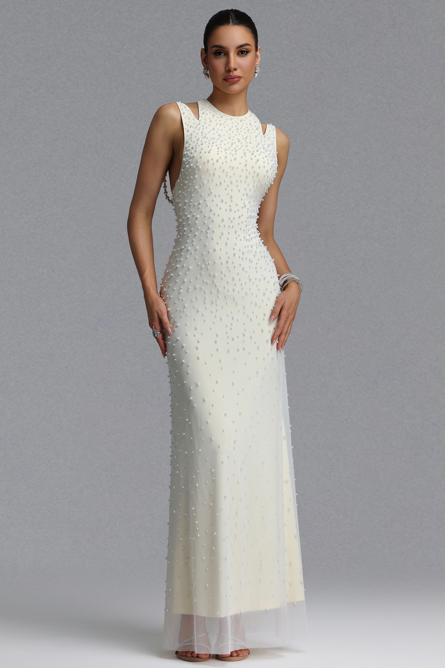 Dilara Elegant Slim Sleeveless Cutout Shoulder All Over Pearl Mesh Mermaid Maxi Evening Dress image 1