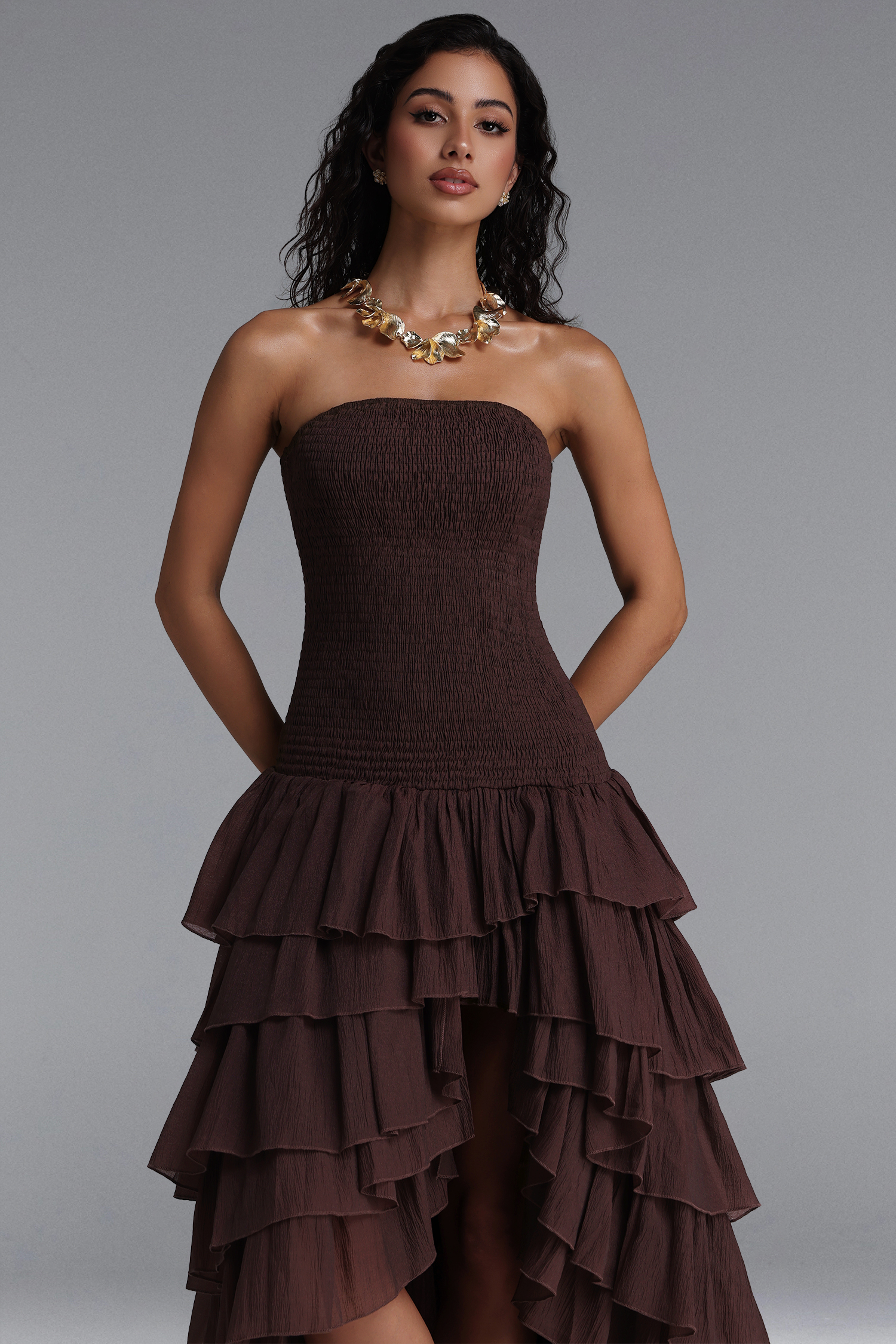 Orisy Vacation Strapless Shirred Tiered Ruffle Maxi Dress image 2