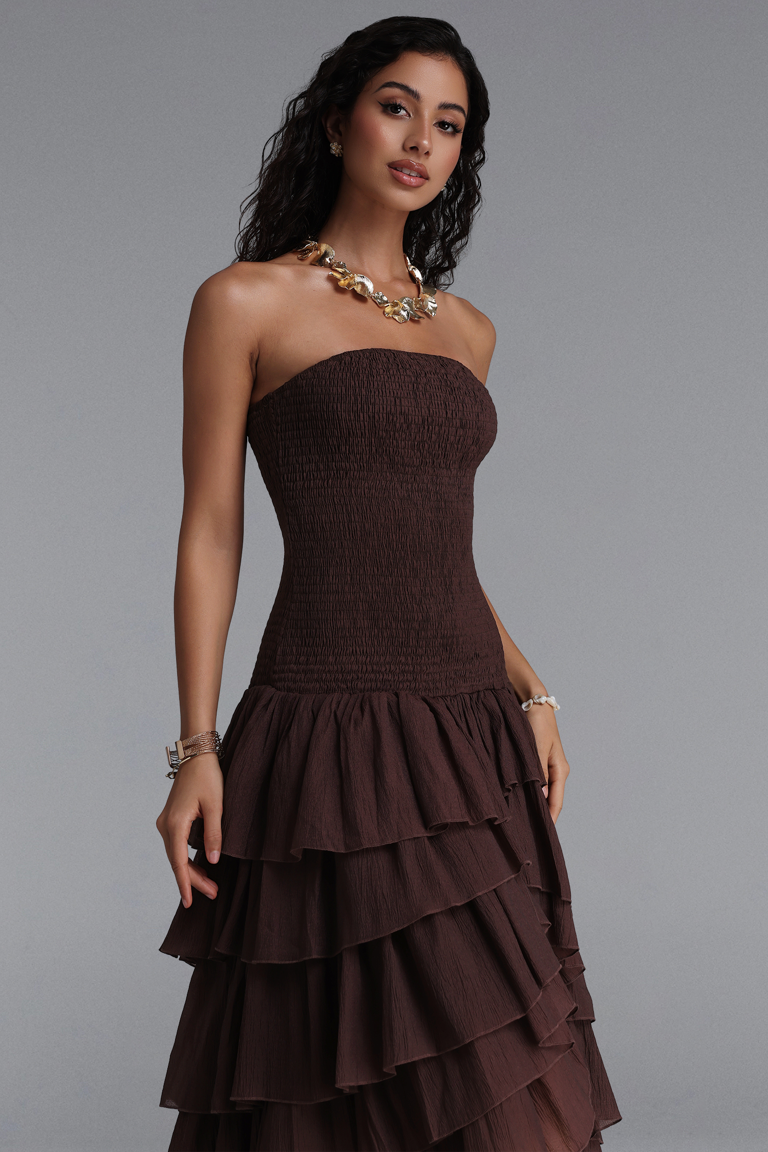 Orisy Vacation Strapless Shirred Tiered Ruffle Maxi Dress image 3