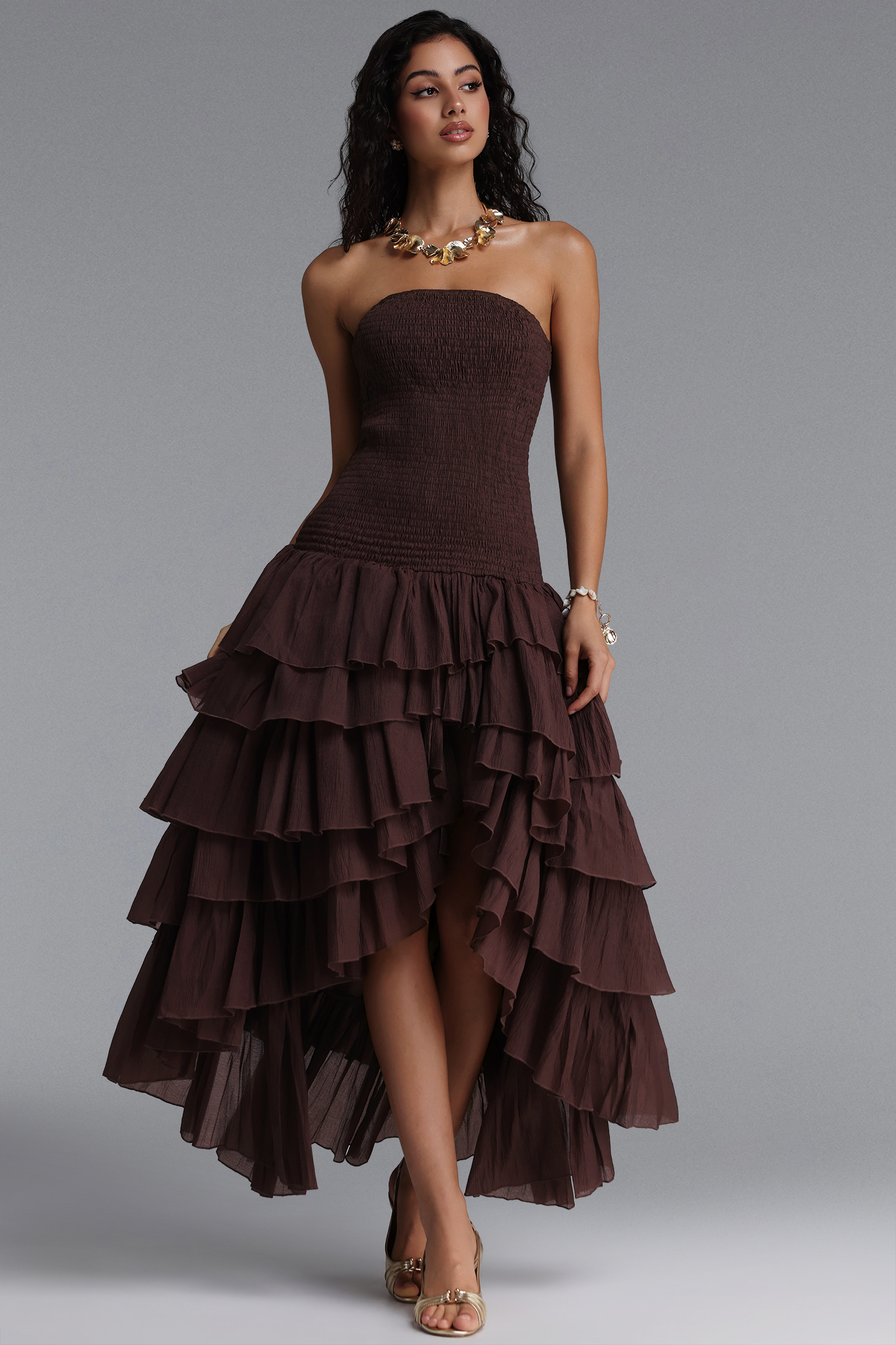 Orisy Vacation Strapless Shirred Tiered Ruffle Maxi Dress image 1