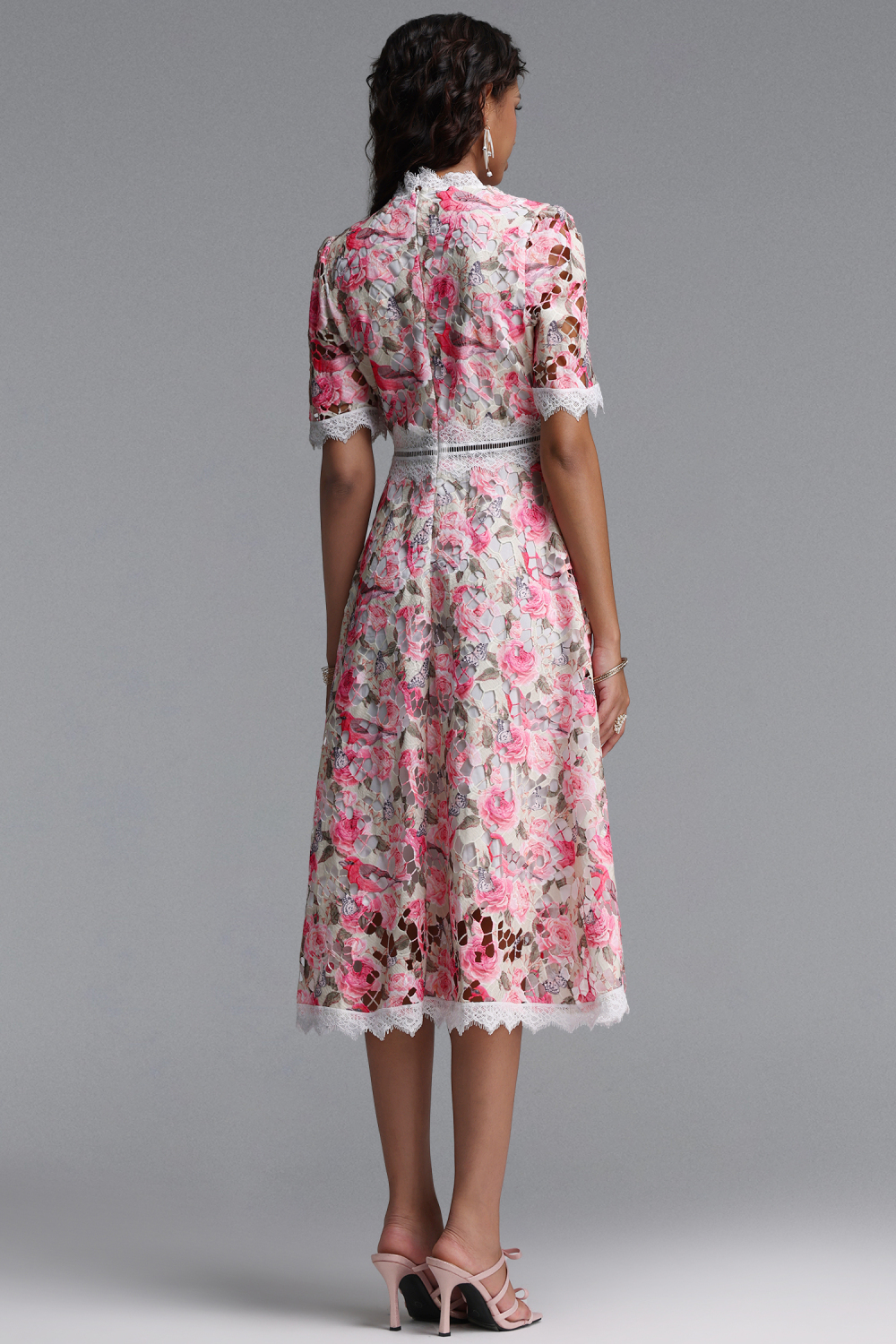 Perly Classic Cinched Short Sleeve Floral Print Lace Midi Dress image 6