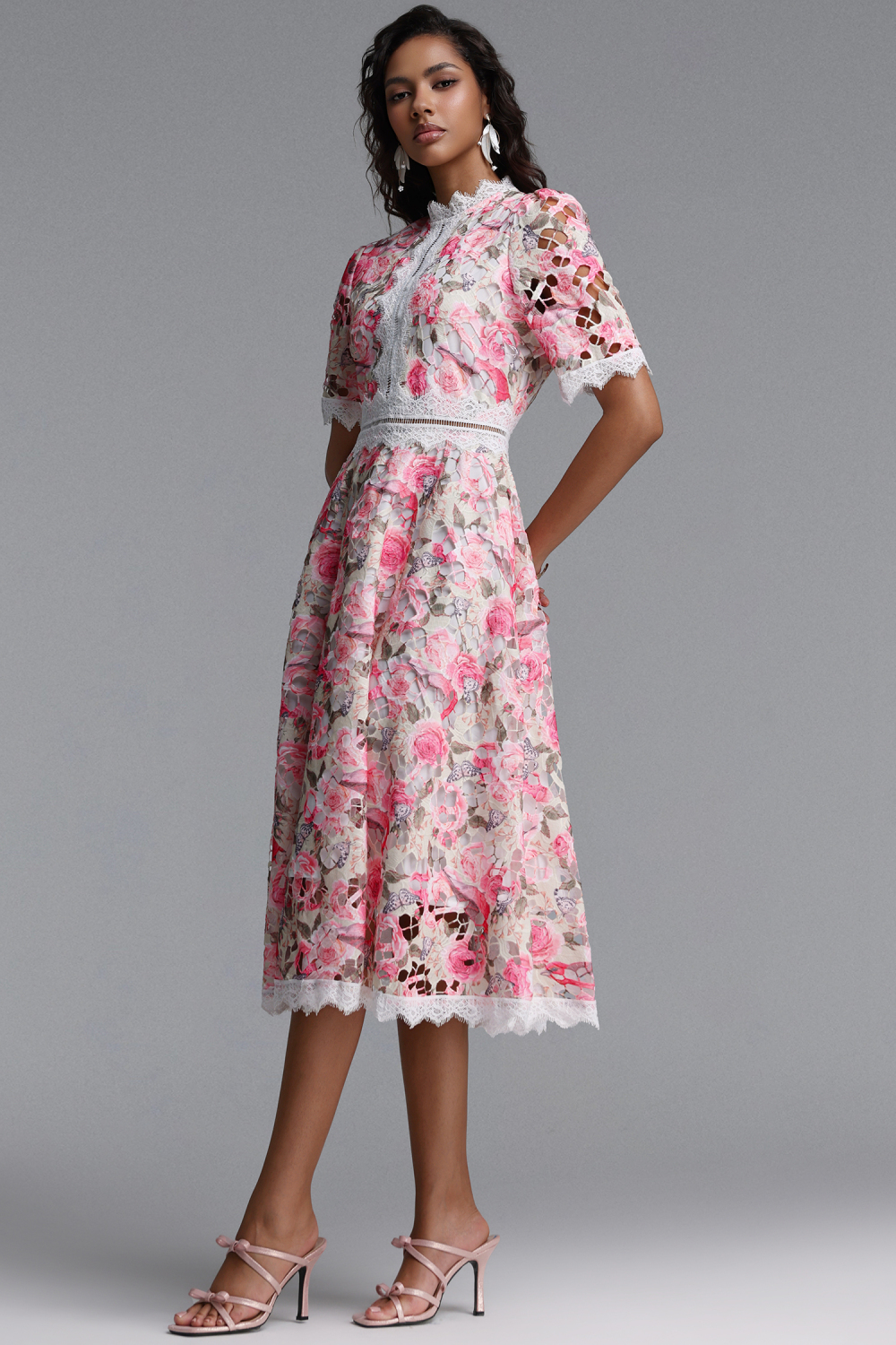 Perly Classic Cinched Short Sleeve Floral Print Lace Midi Dress image 2