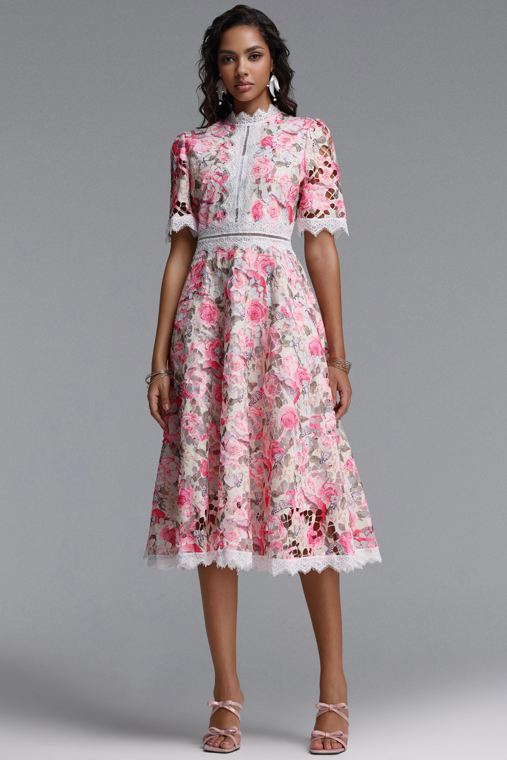Perly Classic Cinched Short Sleeve Floral Print Lace Midi Dress image 1
