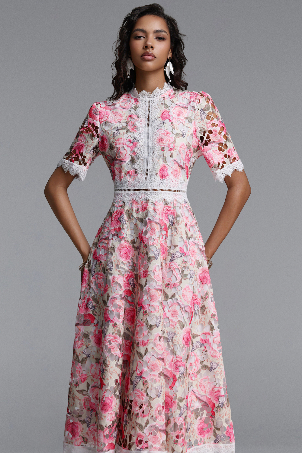 Perly Classic Cinched Short Sleeve Floral Print Lace Midi Dress image 3