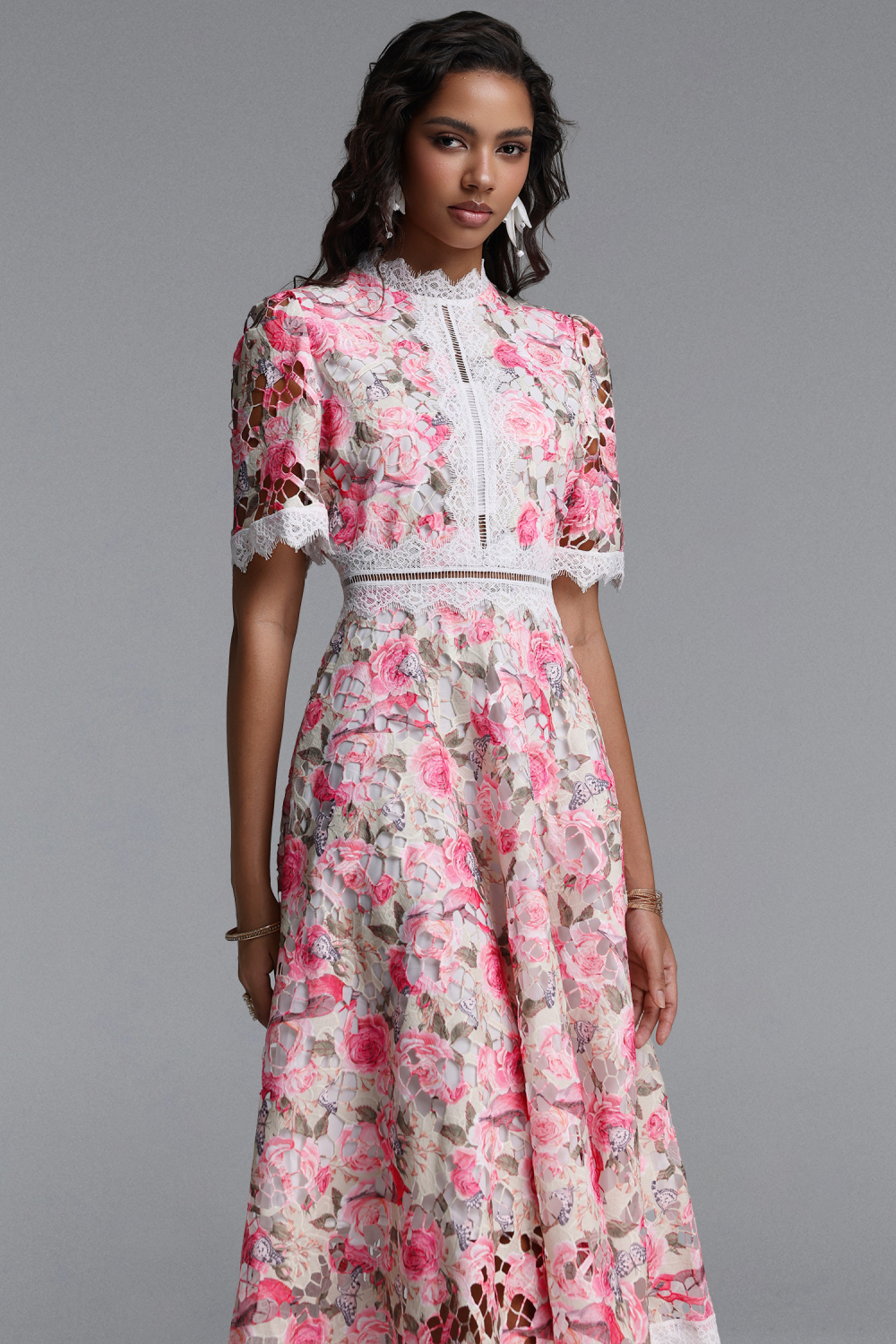 Perly Classic Cinched Short Sleeve Floral Print Lace Midi Dress image 4