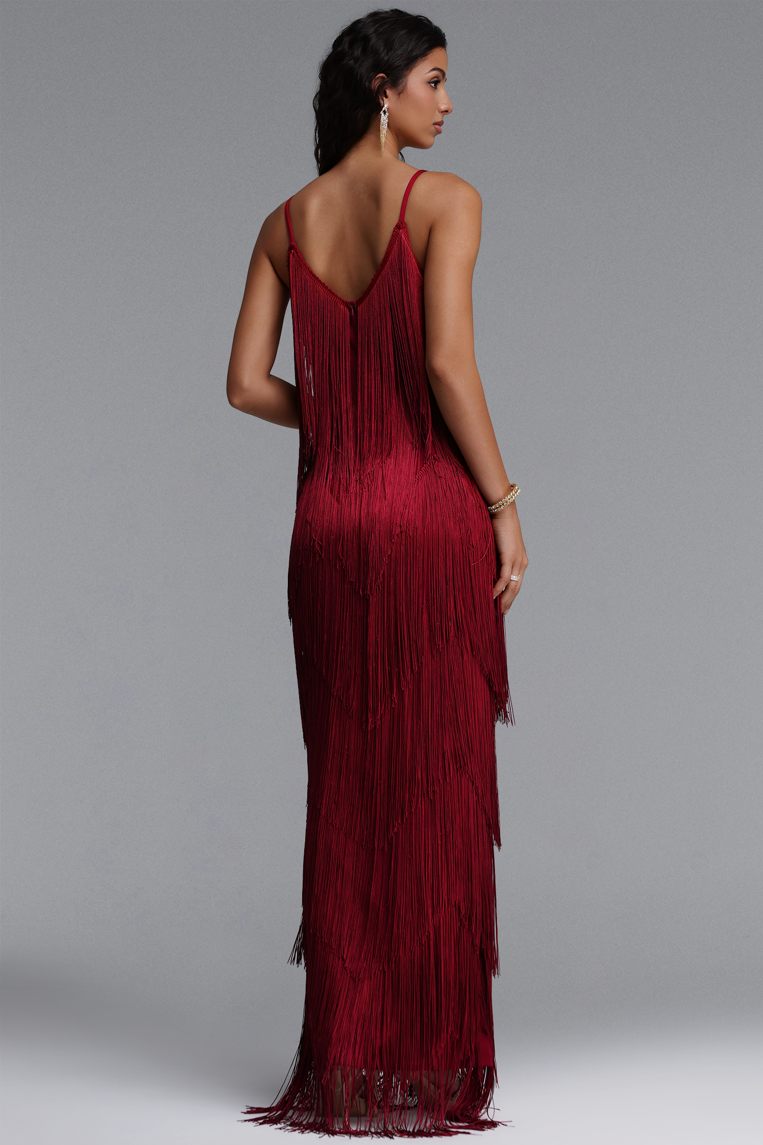 Alex Classic Contour V Neck Layered Fringe Bandage Maxi Dress image 6