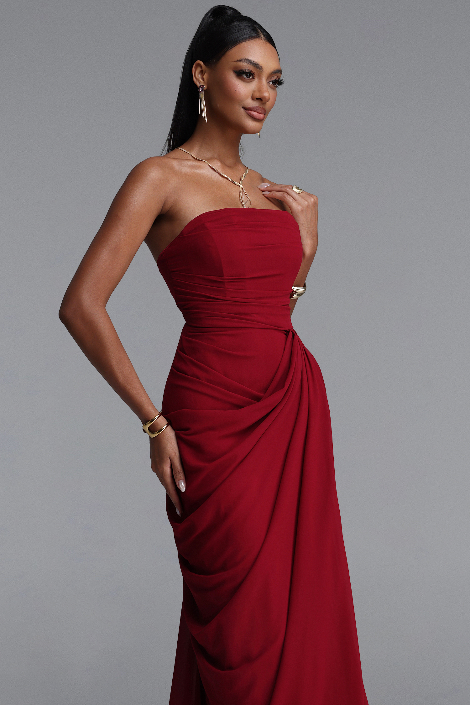 Tazeda Elegant Contour Strapless Ruched Mesh Red Maxi Dress image 4
