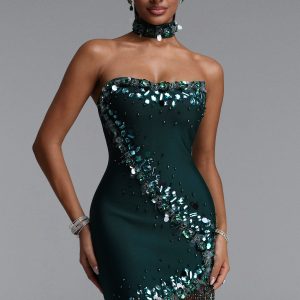 Ock Exquisite Fitted Sequin Rhinestone Beaded Fringe Mini Bandage Dress