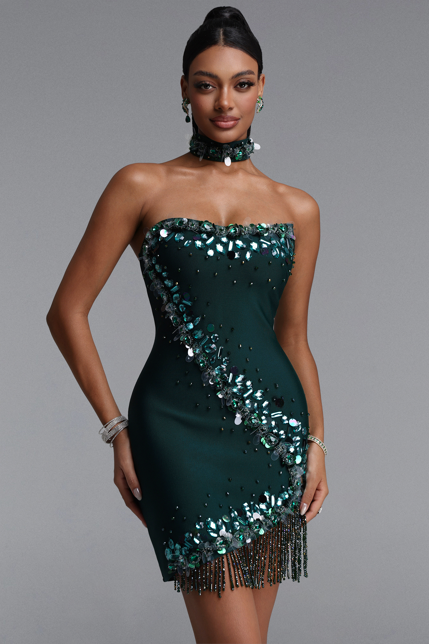 Ock Exquisite Fitted Sequin Rhinestone Beaded Fringe Mini Bandage Dress image 1