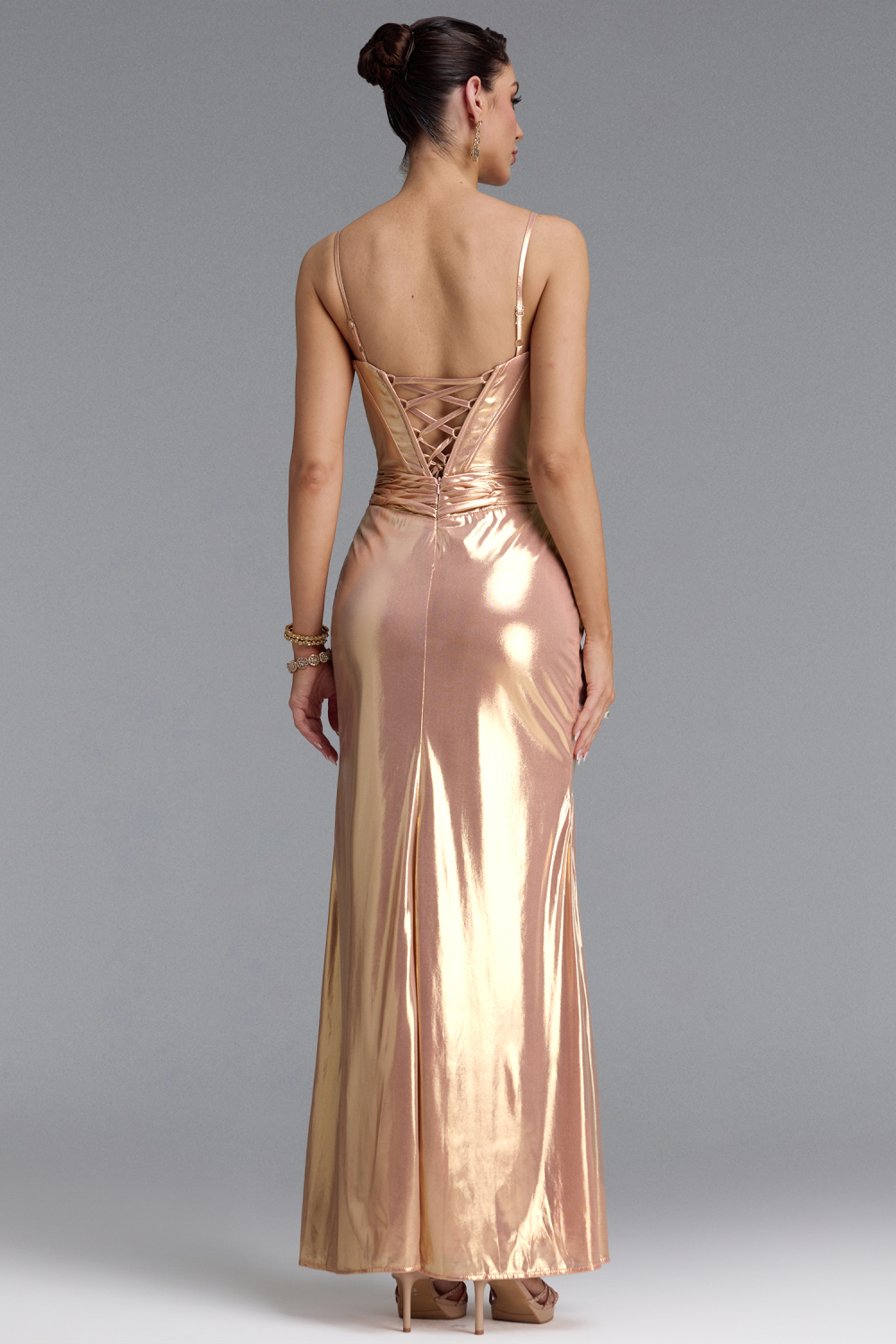 Mikko Classic Thin Strap Rhinestone Twist Metallic Slit Maxi Dress image 6