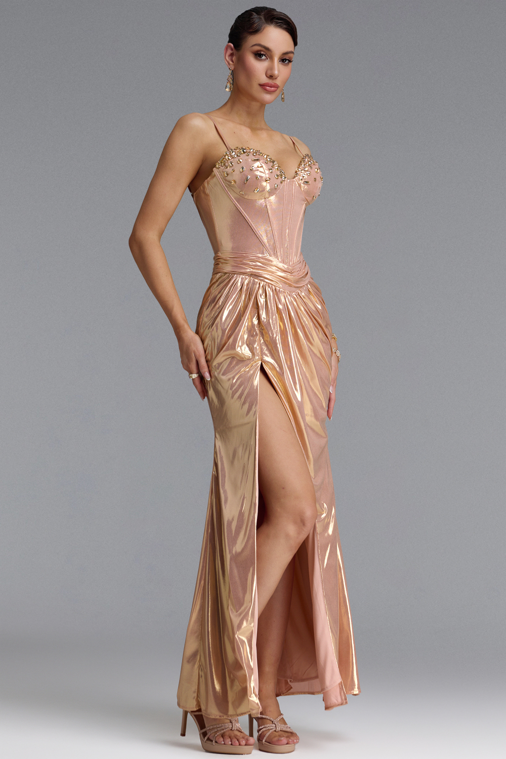 Mikko Classic Thin Strap Rhinestone Twist Metallic Slit Maxi Dress image 4