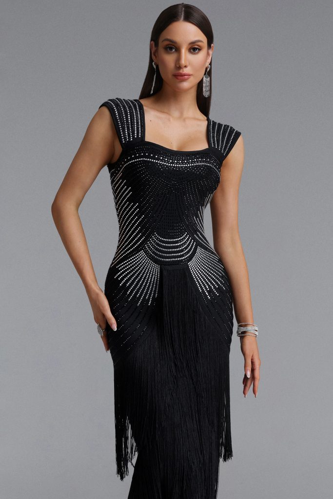 Hatice Square Neck Rhinestone Fringe Black Bandage Maxi Dress