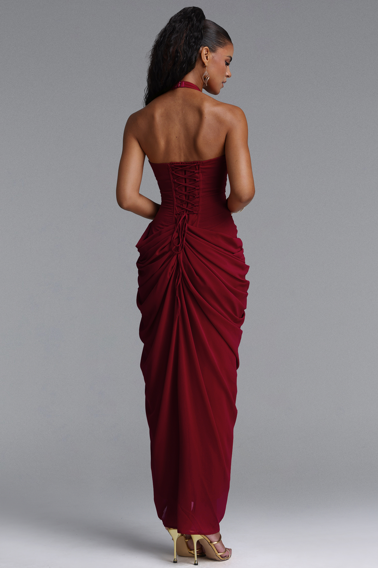 Fallon Elegant Halter Deep V Pleated High Slit Knit Maxi Dress image 6