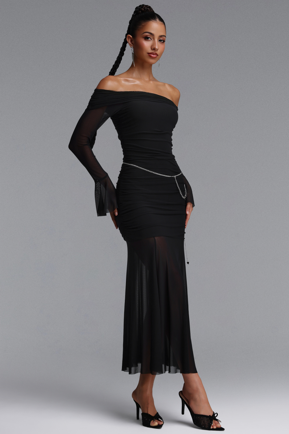 Elaia Sexy Contour Off Shoulder Long Sleeve With Waist Chain Mesh Maxi Dress image 3