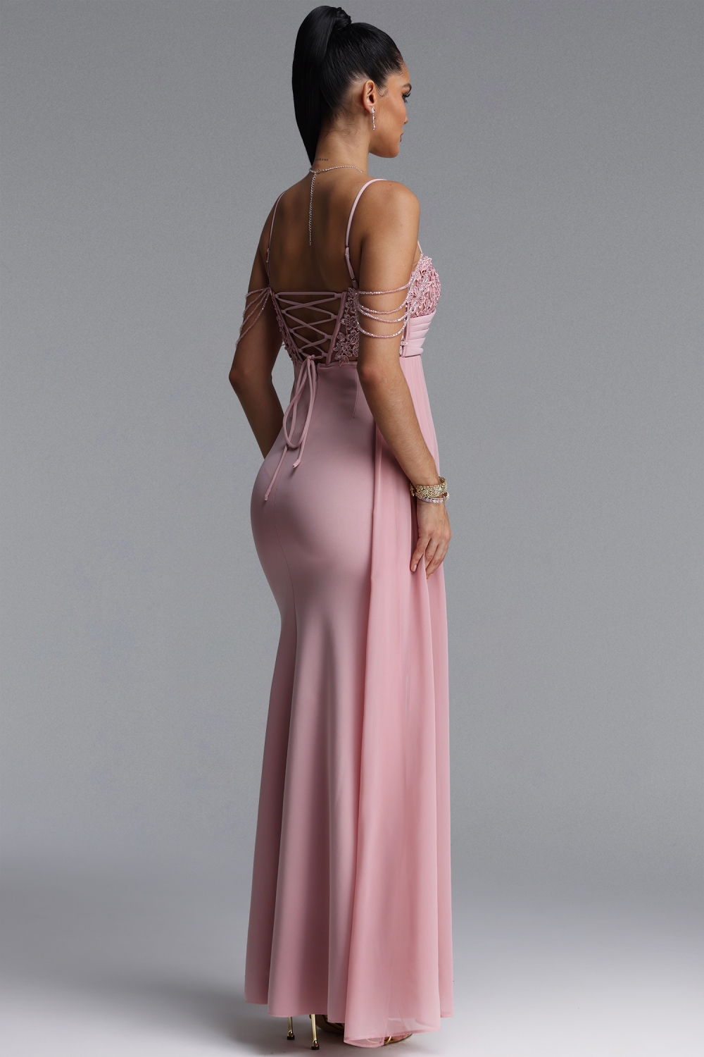Vida Elegant Spaghetti Strap Tassel Ruched High Slit Lace Blue Maxi Dress image 6