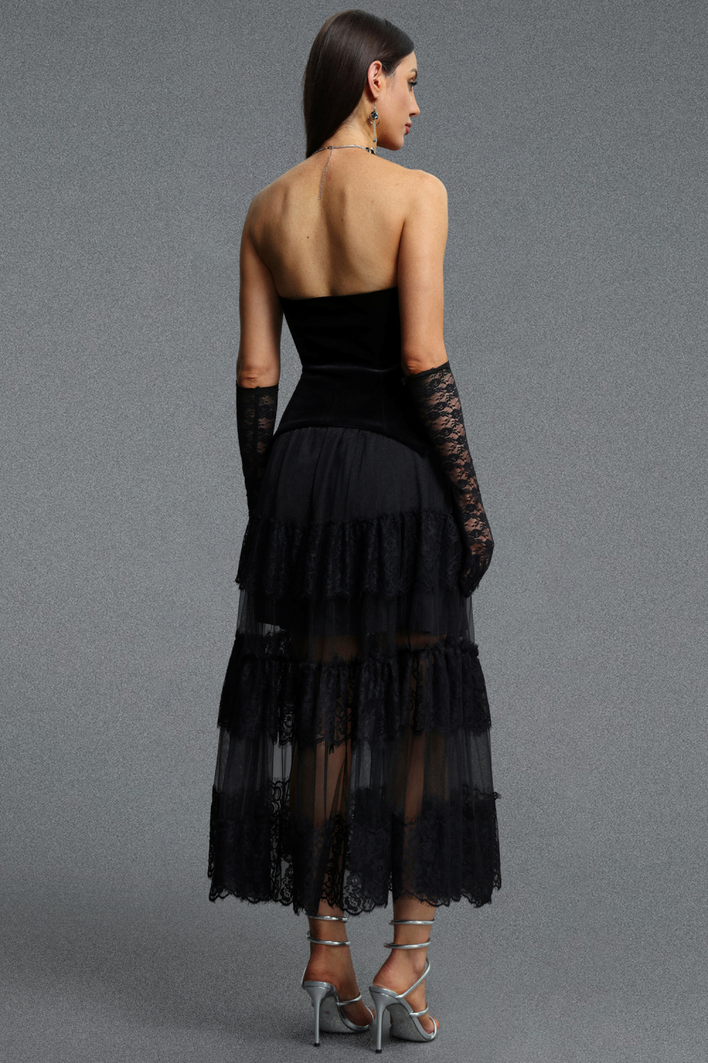 Omega Chic Contour Strapless Buttoned Lace Velvet Maxi Dress image 7