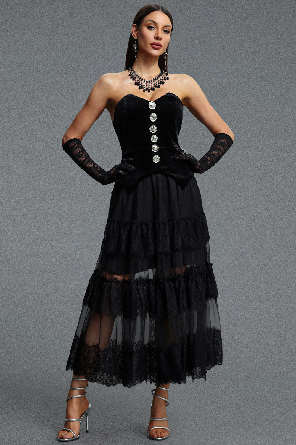 Omega Chic Contour Strapless Buttoned Lace Velvet Maxi Dress image 2