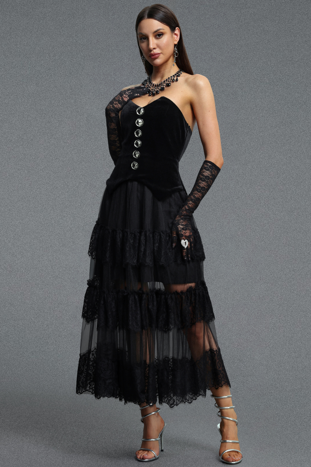 Omega Chic Contour Strapless Buttoned Lace Velvet Maxi Dress image 5