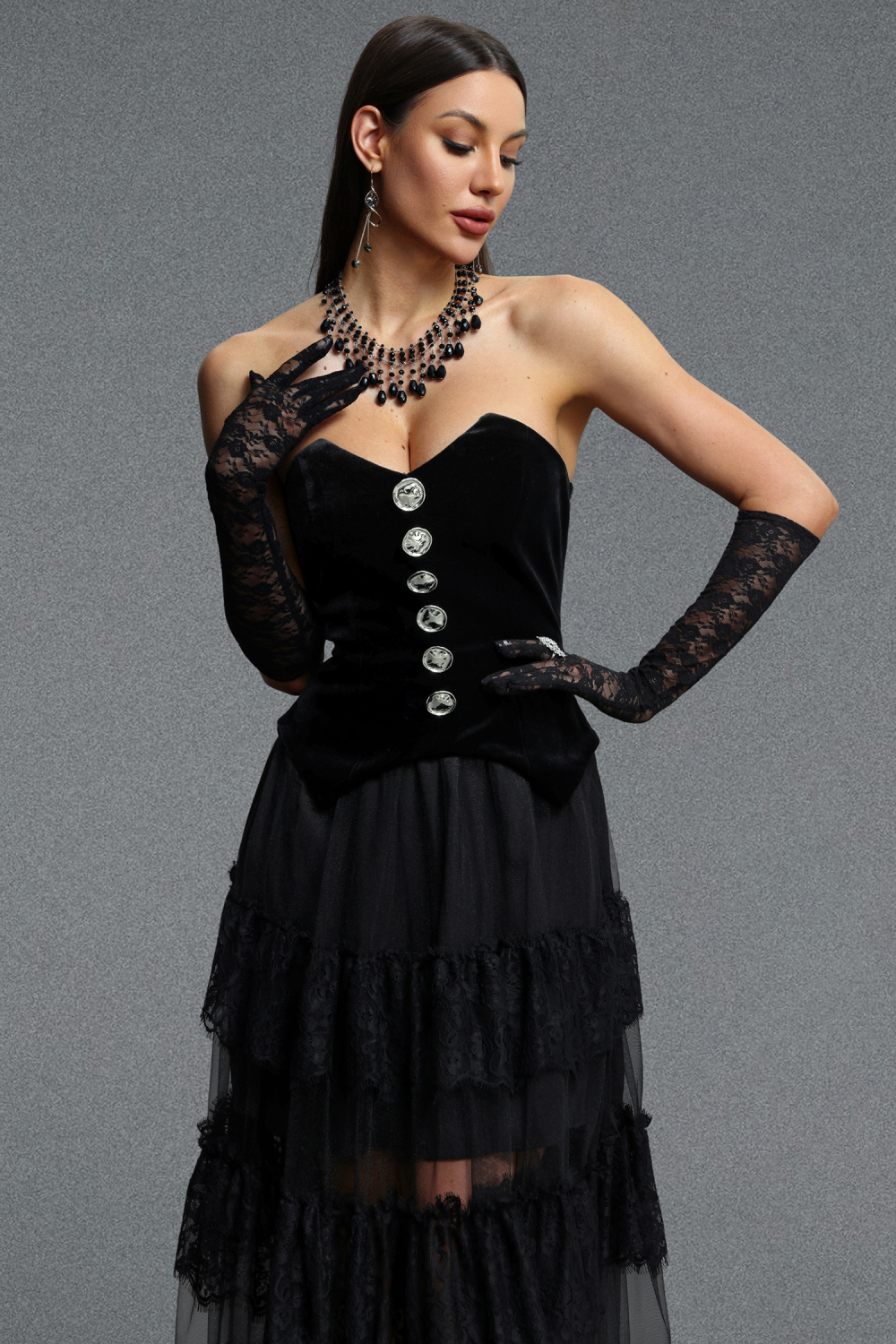 Omega Chic Contour Strapless Buttoned Lace Velvet Maxi Dress image 4