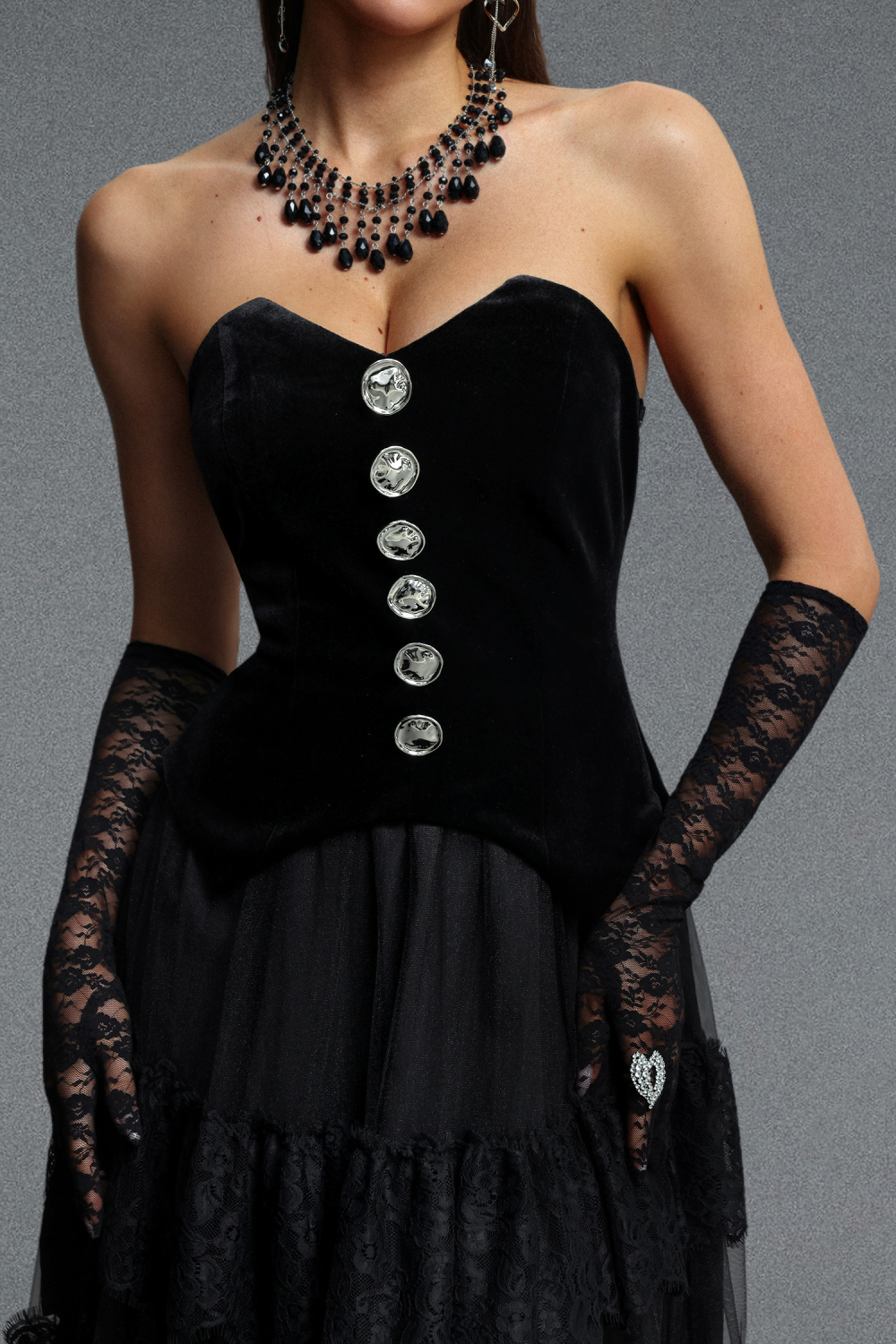 Omega Chic Contour Strapless Buttoned Lace Velvet Maxi Dress image 6