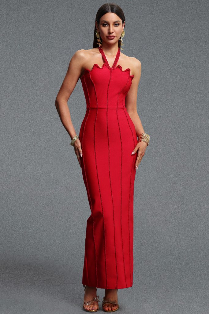 Kalene Glamorous Halter Scallop Edge Red Bead Bandage Maxi Dress