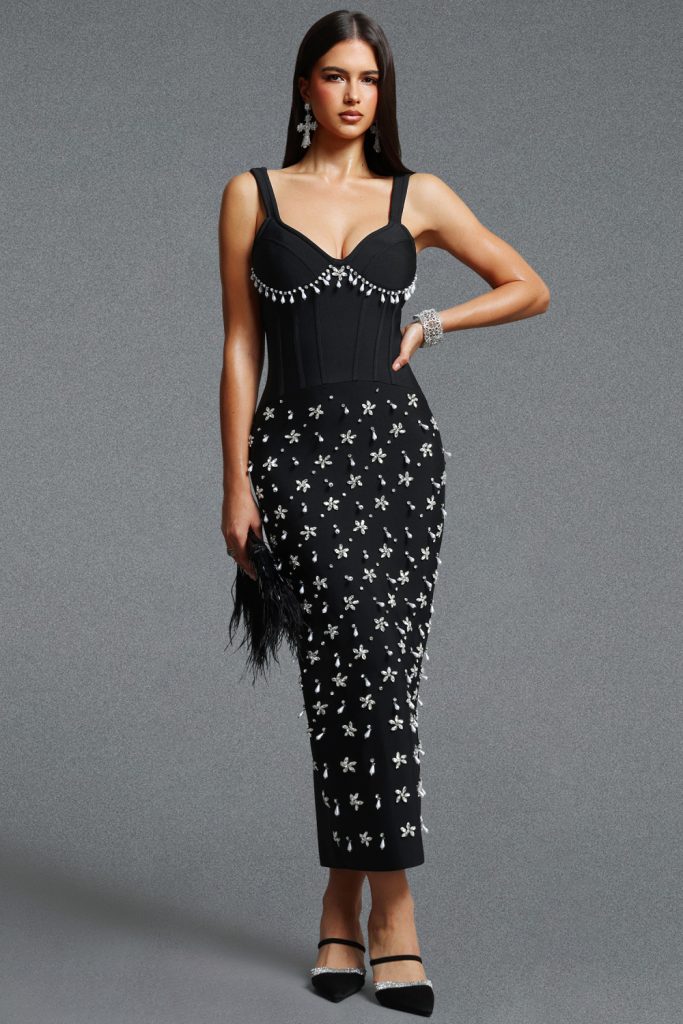 Fagro Glam Spaghetti Strap Pearl Tassel Floral Bandage Maxi Dress