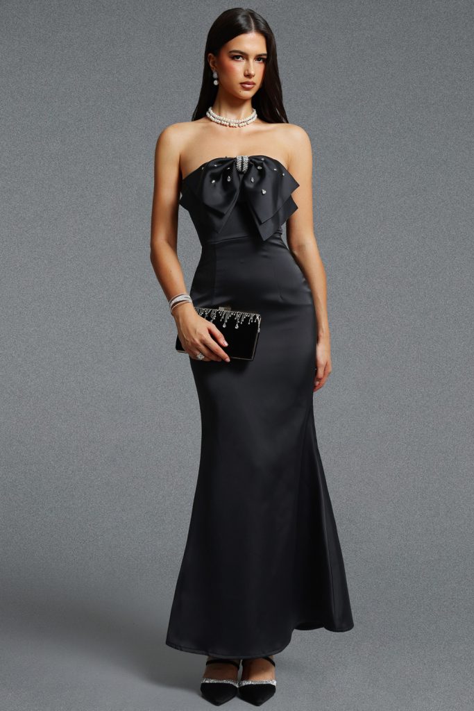 Syre Classic Tailored Strapless Bow Rhinestone Maxi Dress