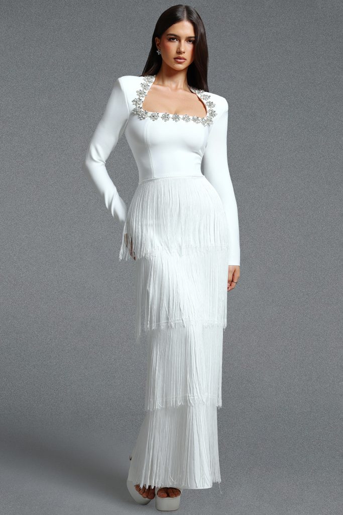 Holisa Fitted Square Neck Long Sleeve Floral Rhinestone Multi Layer Tassel Bandage Maxi Dress