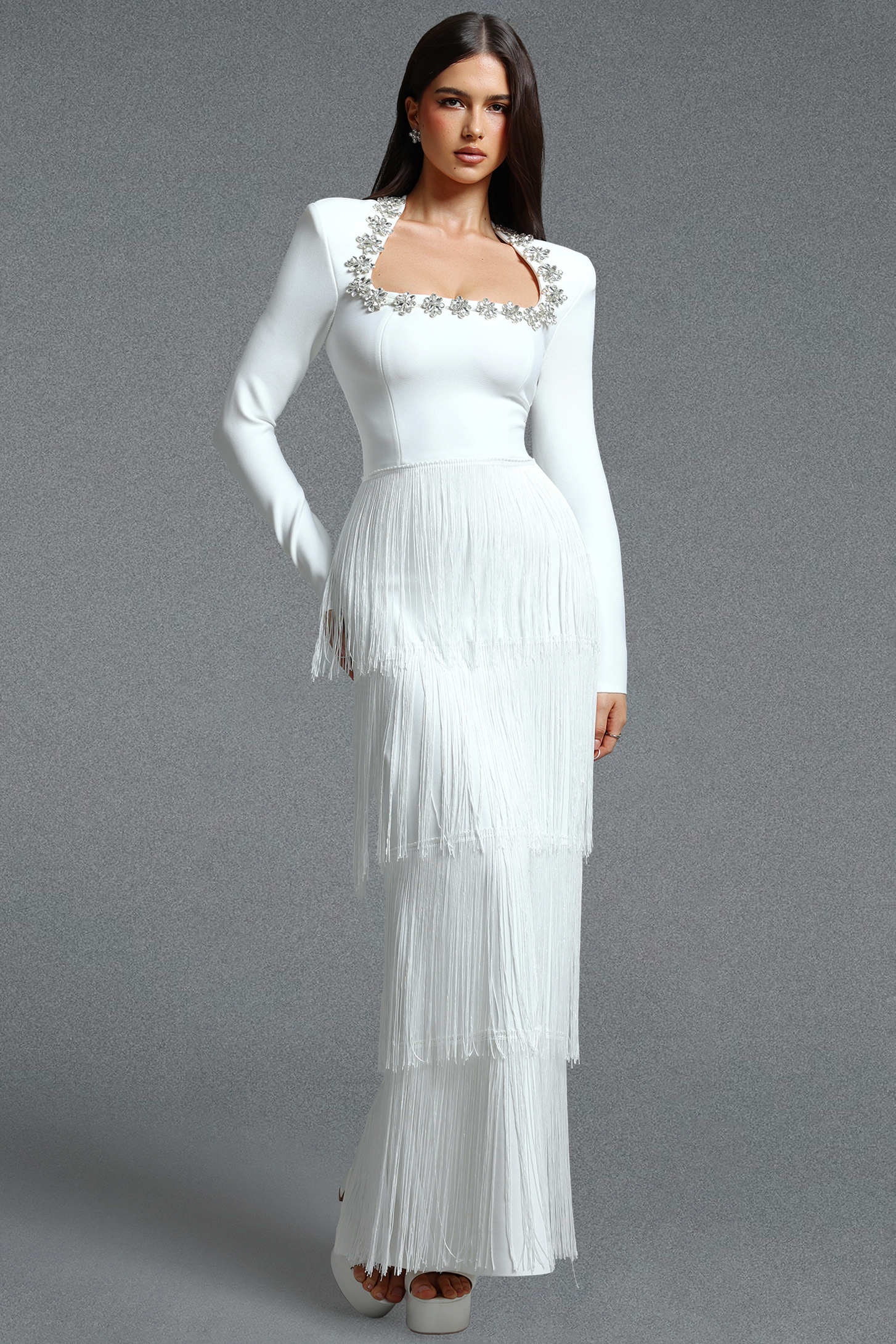 Holisa Fitted Square Neck Long Sleeve Floral Rhinestone Multi Layer Tassel Bandage Maxi Dress image 1