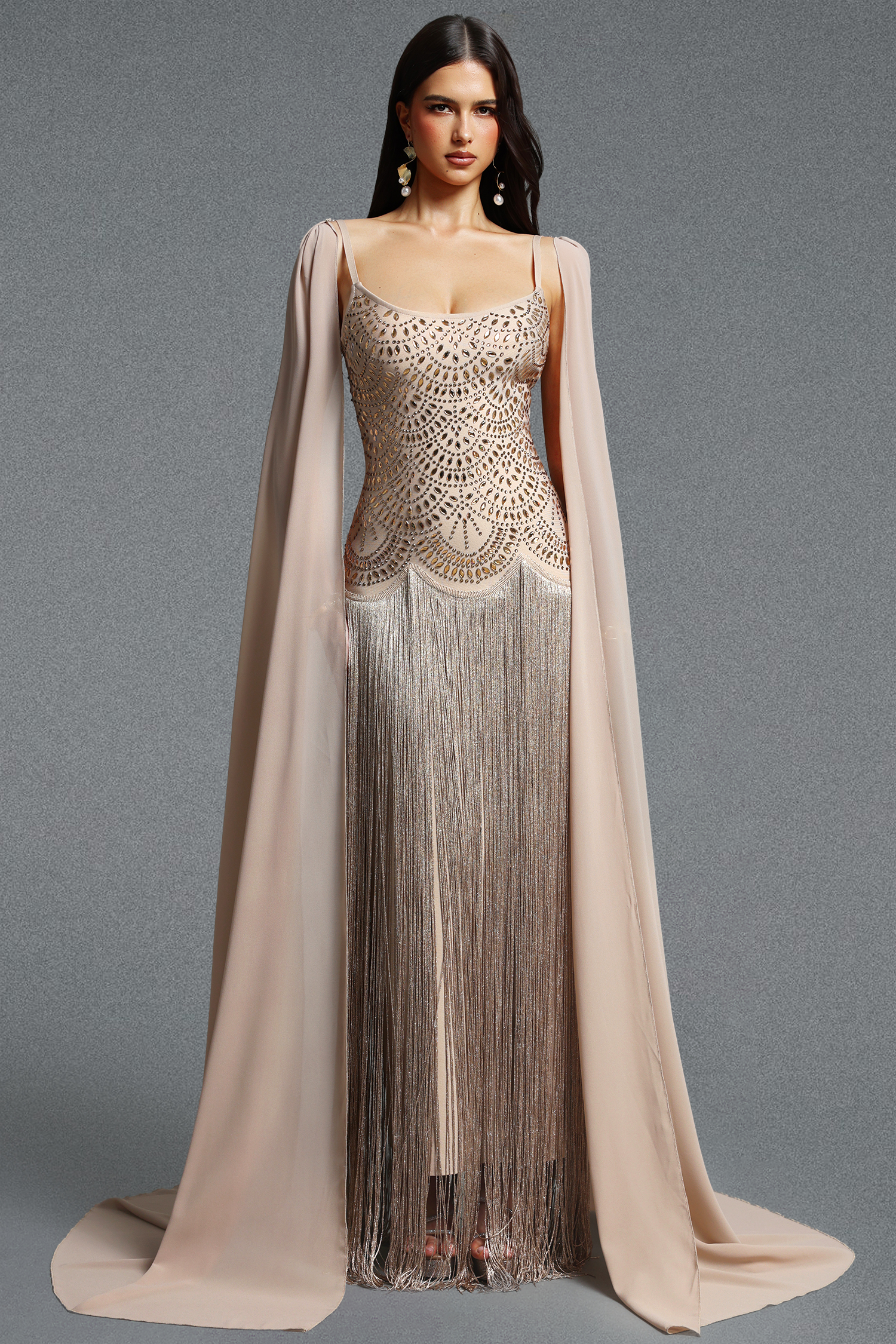 Ikara Elegant Spaghetti Strap Rhinestone Fringe Cape Bandage Maxi Dress image 1