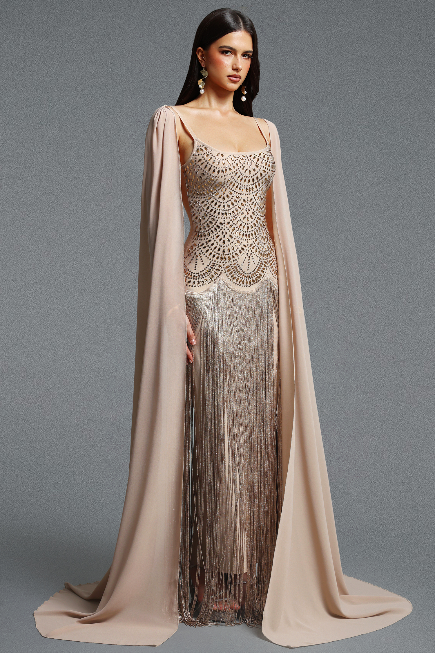 Ikara Elegant Spaghetti Strap Rhinestone Fringe Cape Bandage Maxi Dress image 4