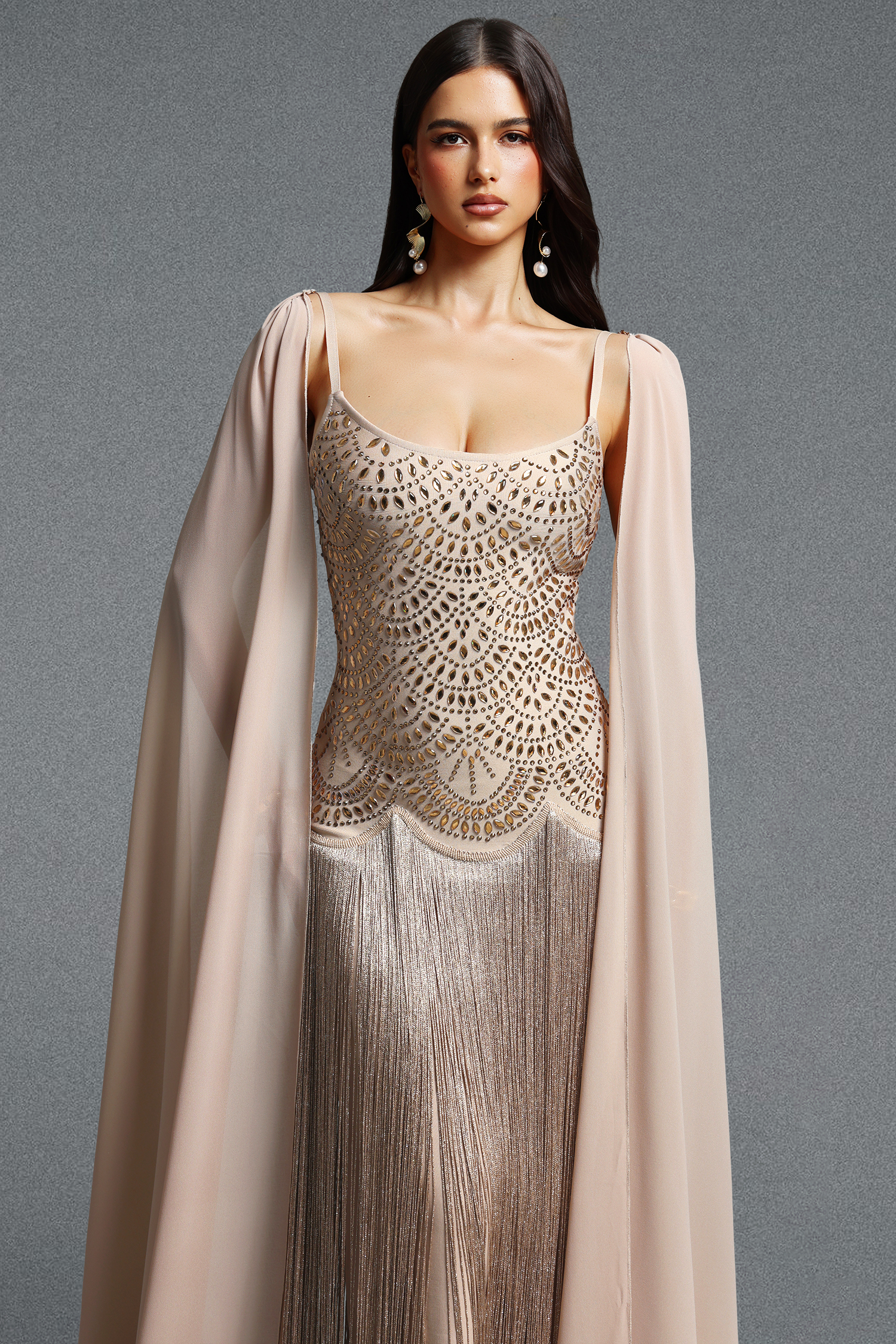 Ikara Elegant Spaghetti Strap Rhinestone Fringe Cape Bandage Maxi Dress image 2