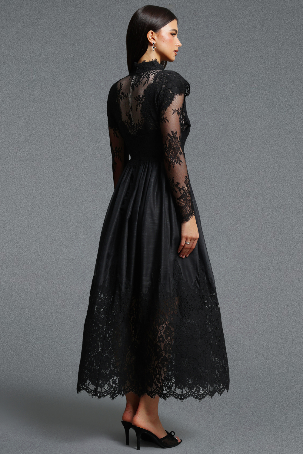Tate Long Sleeves Lace Midi Dress – Black image 7