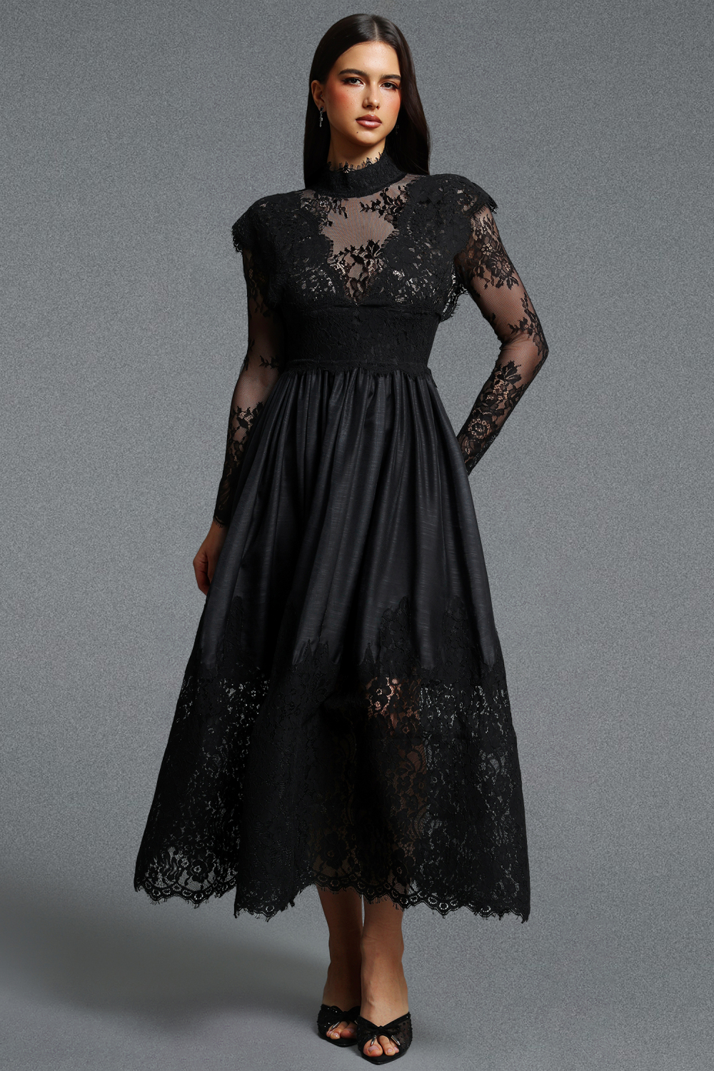 Tate Long Sleeves Lace Midi Dress – Black image 2