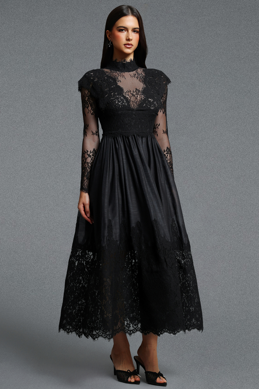 Tate Long Sleeves Lace Midi Dress – Black image 5