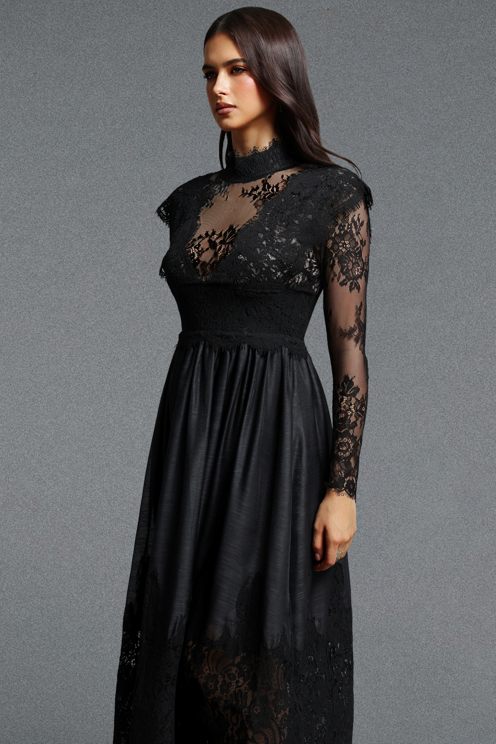 Tate Long Sleeves Lace Midi Dress – Black image 4