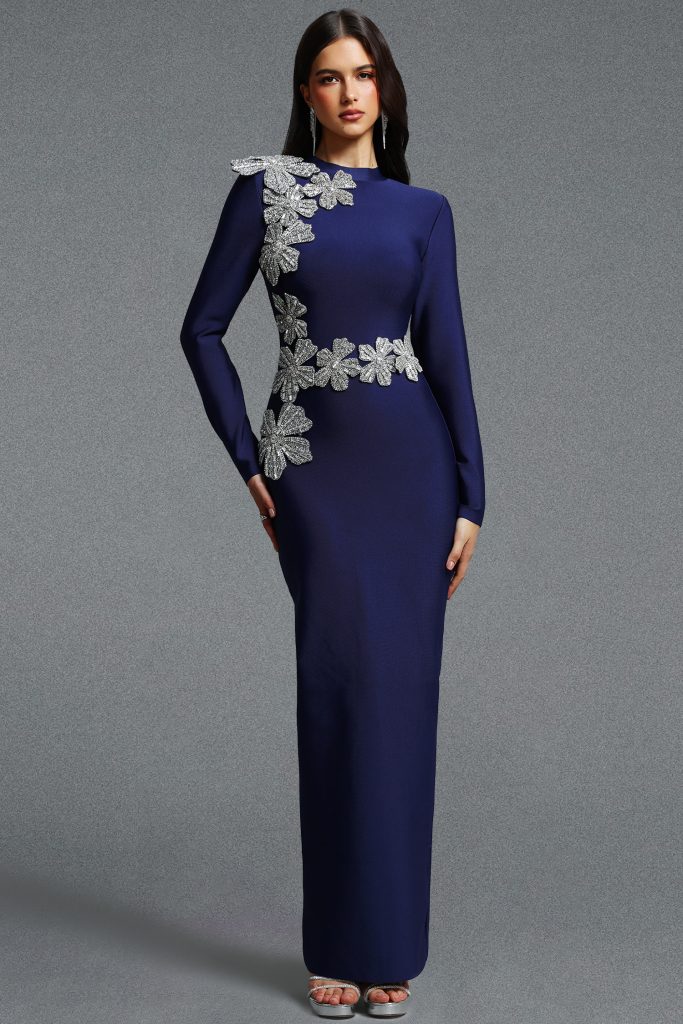 Jayden Fitted Long Sleeve Rhinestone Floral Blue Bandage Maxi Dress