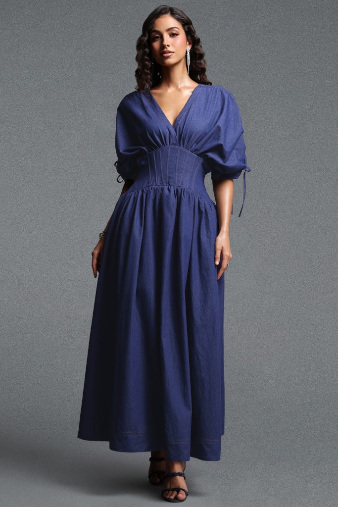 Faran Chic Tailored Denim Maxi Dress