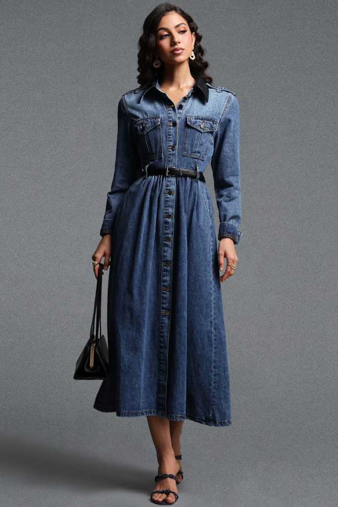 Kasuni Chic Tailored Contrast Collar Long Sleeve Denim Maxi Dress